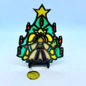 VTG Weihnachten Germany Christmas Tree Angel Stained Glass Tealight Candleholder